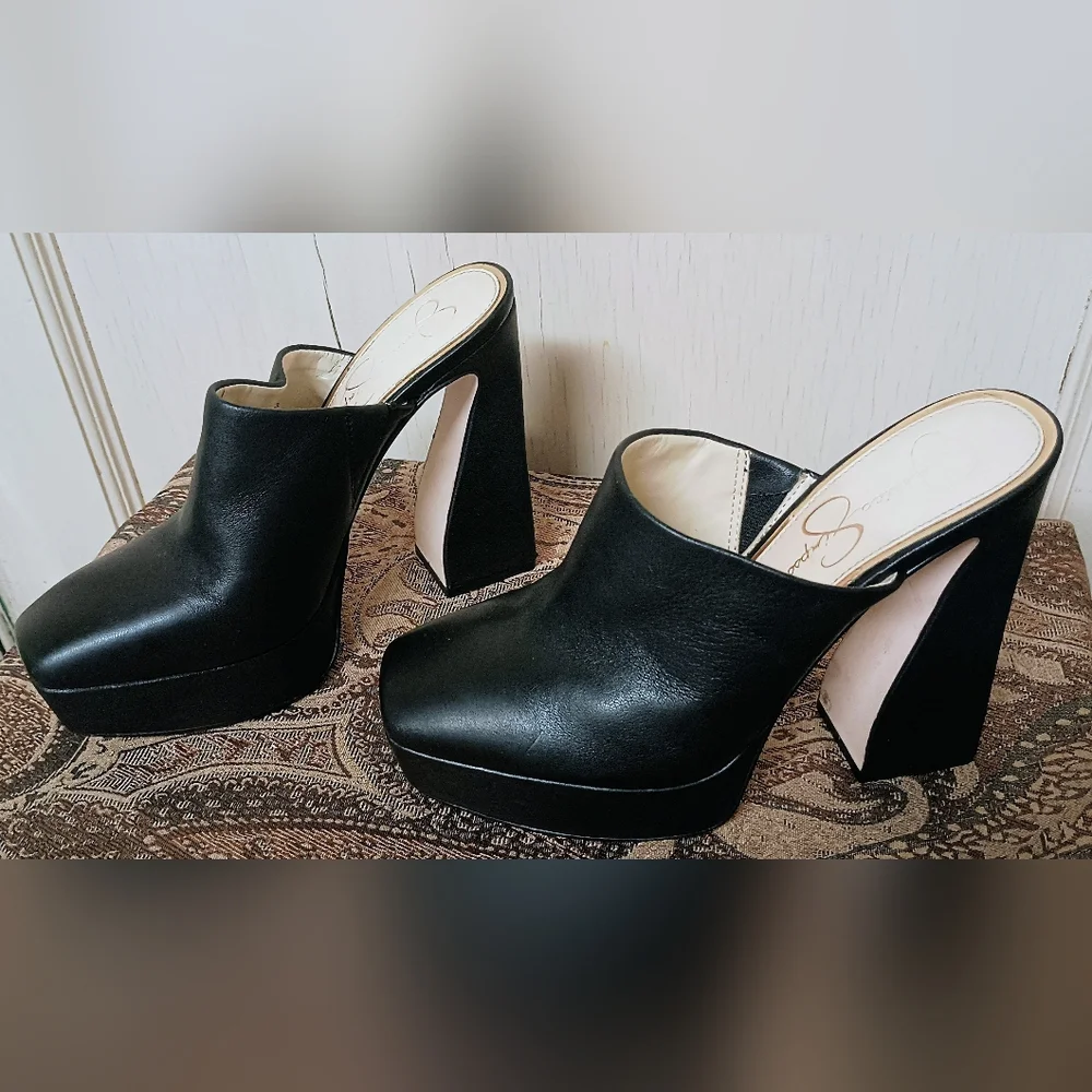 Jessica Simpson Denima Black Leather Platform Slip-On Mules Women's Size 7M - Picture 2 of 12